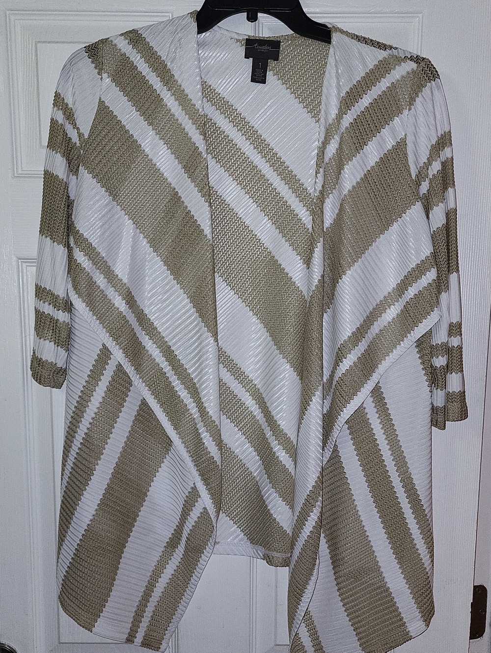 Chico's Draped Open-Front Striped Cardigan in White and Taupe